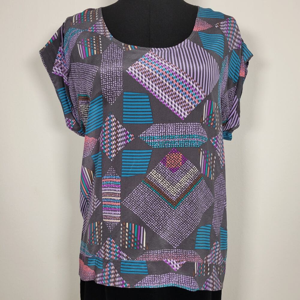 BDG Urban Outfitters 100% Silk Geometric Print Blouse Retro Abstract Top